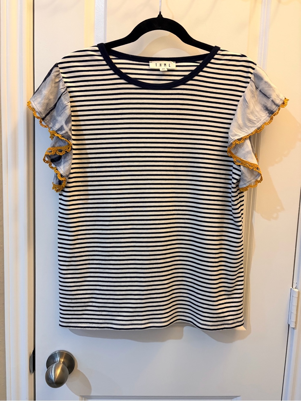 THML Women’s Navy and White Stripe  with Gold Trim Ruffle Sleeves Size XS